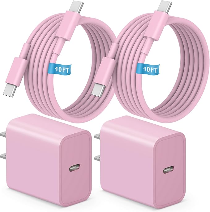 MYBEER iPhone 17 16 15 Charger Fast Charging, [ETL Certified] 2 Pack 10FT USB C Charger Cable with 20W Type C Fast Charging Block for iPhone 17/17 Pro/17 Pro Max/16/16 Pro/16 Pro max/16 Plus/15（Pink）