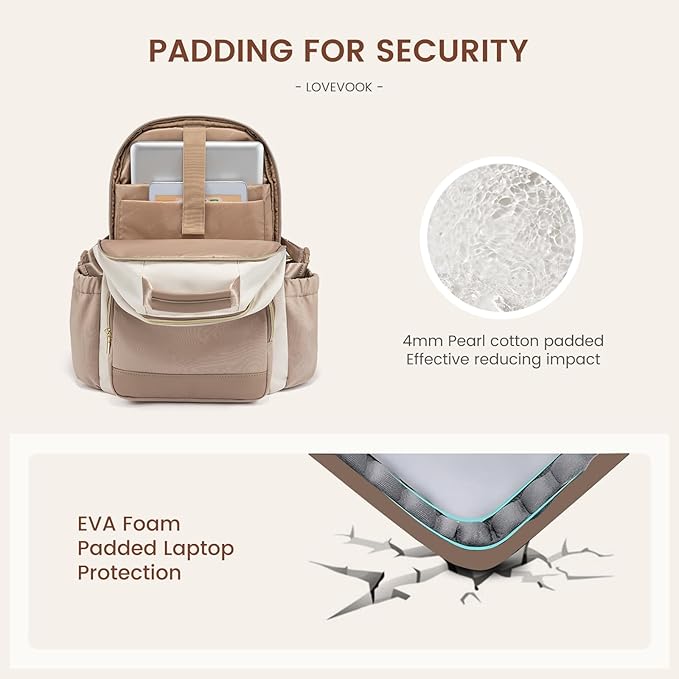 LOVEVOOK Laptop Backpack for Women with Pouch Pocket for Large Capacity Cup,15.6 Inch Laptop Computer Bag Travel Backpack Purse,Waterproof Work Business College Teacher Backpack,Beige-Nude-Logam Plum