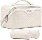BOYATU Travel Makeup Bag Cosmetic Bags for Women: Large Capacity 3 Pcs Set Make up Bag with Compartments - Waterproof Vegan Leather Toiletry Organizer Bags with Handle (L09 Beige)