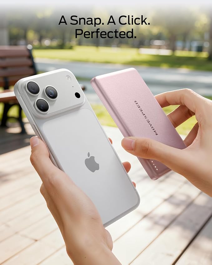 MOVE SPEED 0.3'' Ultra Slim MagSafe Portable Charger, 5000mAh Magsafe Battery Pack iPhone 17 Air Accessories, Magnetic Power Bank with USB C Port for iPhone 17 Pro Max Air/16/15/14/13/12, Pastel Pink