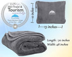 BlueHills Long Travel Blanket Pillows for Two Airplane Traveling Essentials Flight Throws in Bag case with Backpack Clip Compact Large Plane Accessories – Gray and Pink