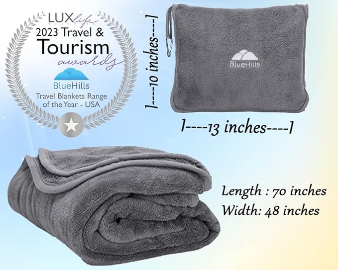 BlueHills Long Travel Blanket Pillows for Two Airplane Traveling Essentials Flight Throws in Bag case with Backpack Clip Compact Large Plane Accessories – Gray and Pink