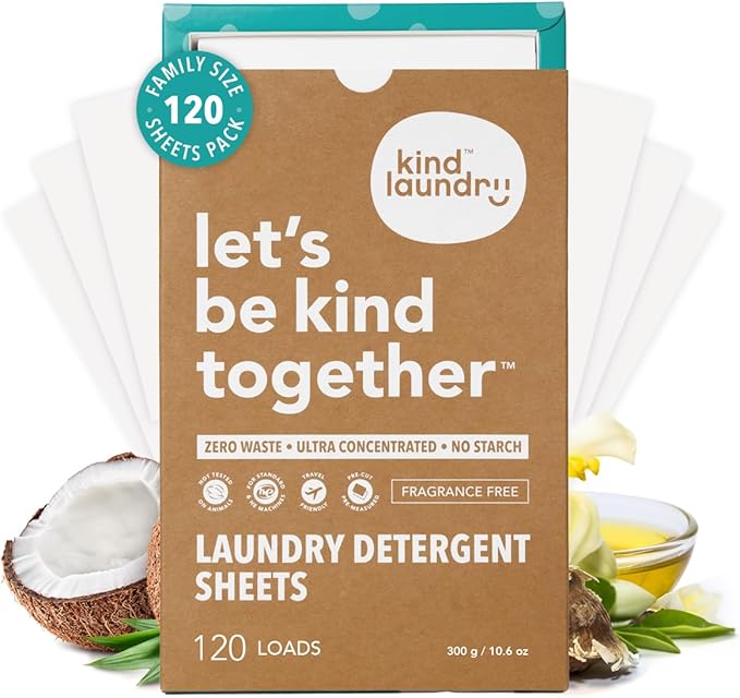 Kind Laundry Detergent Sheets – 120 Loads Fragrance Free, EWG Verified, No Residue After Wash, Eco Plastic-Free Liquidless Laundry Soap, Non-Toxic Formula, for Sensitive Skin, Travel & Dorm Friendly