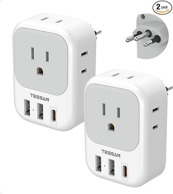 TESSAN Brazil Plug Adapter 2 Pack, 7 in 1 US to Brazil Power Adapter with 3 USB Ports (1 USB-C PD 20W Port) 4 American Outlets, Type N Travel Adaptor for USA to Brazilian