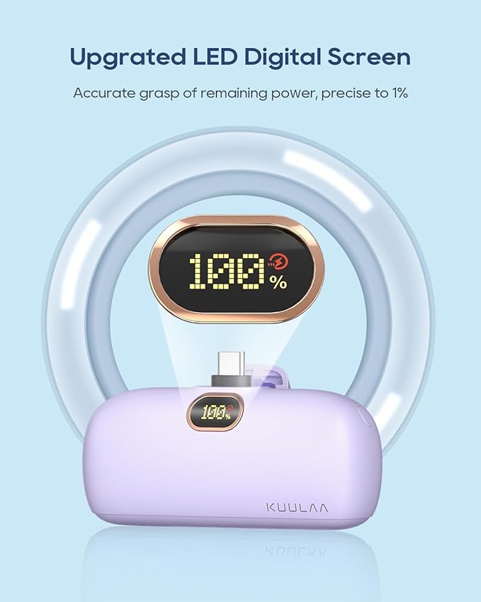 Kuulaa Portable Charger USB C with Built-in USB-C Plug, 5000mAh PD20W Fast Charging Power Bank, LCD Digital Display Battery Pack for iPhone 15/16/17,Samsung S22/S23 & Android (Purple)