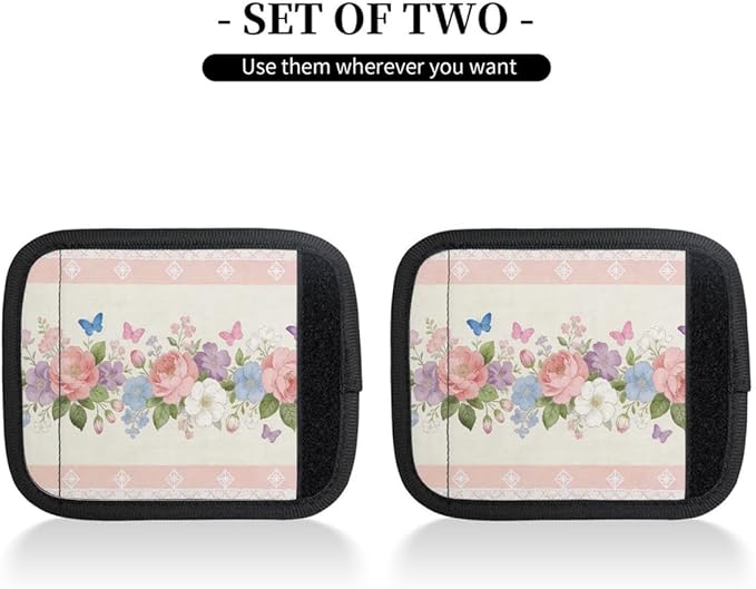 2 Pack Luggage Handle Wrap with Travel Tags - Non-Slip Protective Cover Soft Handle Grips Covers for Suitcase(Pink Flower Butterfly)