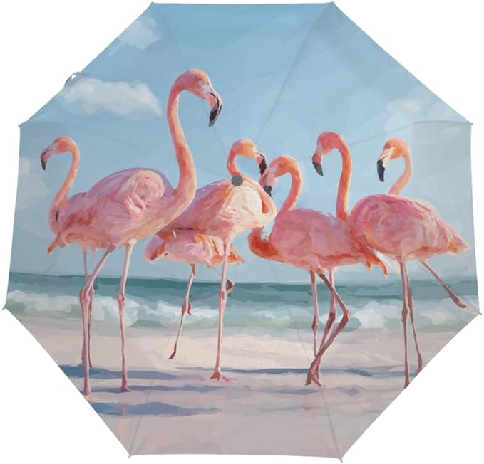 Auto Open Close Umbrellas for Rain and Sun,Folding Windproof Travel Umbrella Summer Pink Flamingos Artwork for Women Men