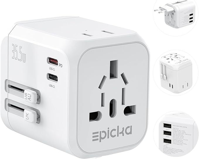 EPICKA 35W Universal Travel Adapter with 2 AC Outlet, European Travel Plug Adapter with PD Fast Charging, 6-Port (2 AC/2 USB-C/3 USB-A) International Power Adapter - Travel Essentials (TA-205, White)