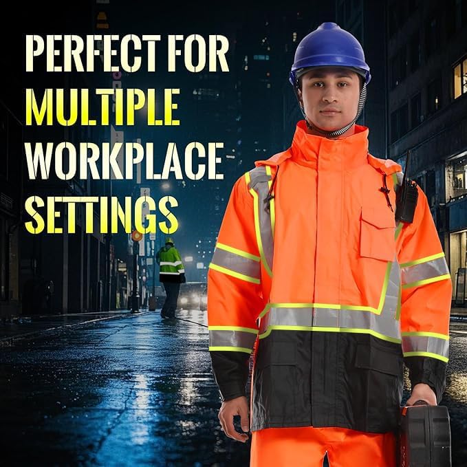 SKSAFETY Hi Vis Safety Rain Jacket for Men, Construction Work Rain Gear Heavy Duty Class 3 Rain Coat Waterproof Lightweight