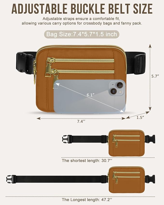 Capolo Fanny Packs for Women Fashion Waist Packs Bag with Adjustable Strap and 4 Zipper Pockets Waterproof Everywhere Crossbody Belt Bag for Workout Running Travelling(Brown)