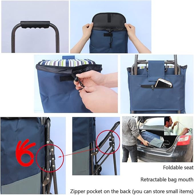 Heavy Du Trolley Bag 33L with Steel Handle 6 Wheels 100kg Capaci Removable Folding Seat - Perfect for market Travel nic and Stair Climbing