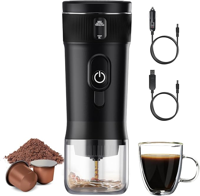 Portable Espresso Machine 100W Self-Heating & Car-Ready, Compatible with NS Capsules & Ground Coffee, Ideal for Travel, Camping, RV, Black
