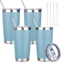 20 oz Tumbler with Lids and Straws, Stainless Steel Insulated Travel Coffee Mug, Double Wall Vacuum Insulated Tumblers, Powder Coated Coffee Tumbler for Cold & Hot Drinks (Azure Blue,4pack)