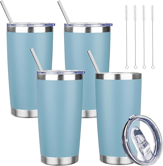 20 oz Tumbler with Lids and Straws, Stainless Steel Insulated Travel Coffee Mug, Double Wall Vacuum Insulated Tumblers, Powder Coated Coffee Tumbler for Cold & Hot Drinks (Azure Blue,4pack)