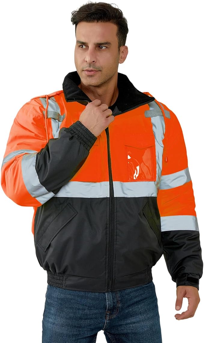 HYCOPROT Hi-Vis Safety Jacket for Men High Visibility Reflective Bomber Winter Waterproof Work Construction Coat ANSI Class 3