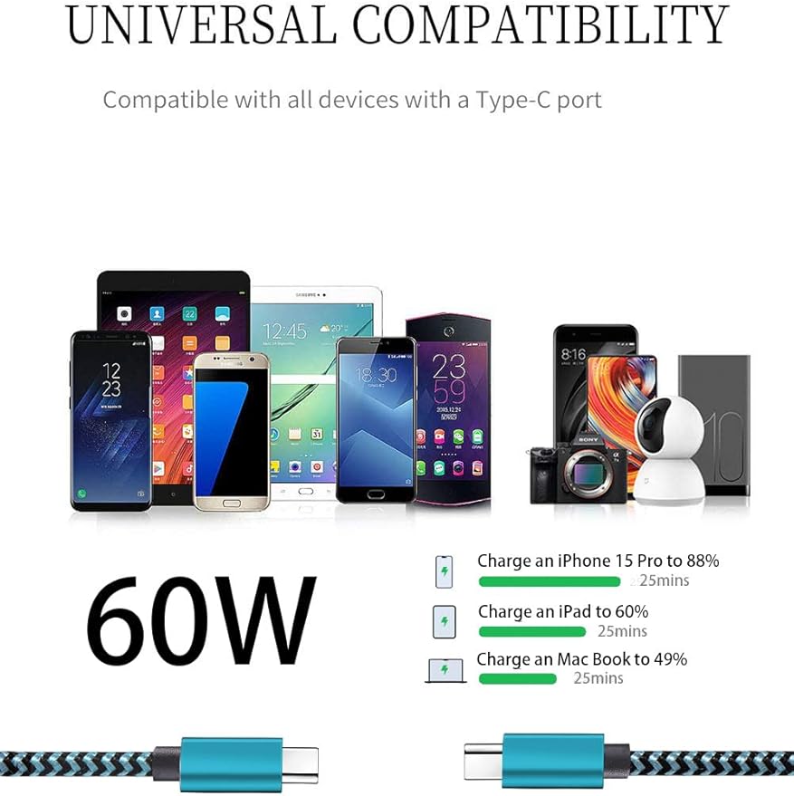 Teeind Type C Cable Fast Charging, Tpc002 3 Pack(3Ft/0.9M 60W) C to Type C Charger Nylon Braided Cord Compatible with iPhone 17/17 pro, 16/16 pro, MacBook, Samsung Galaxy S25/24/23/22, for Daily Use