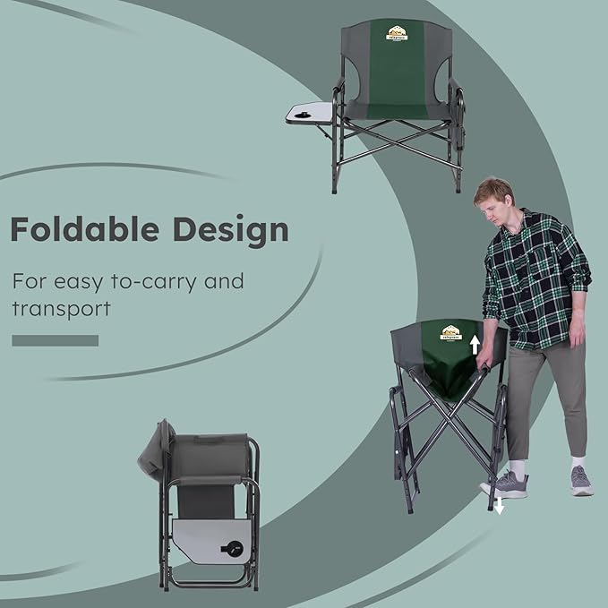 Colegence Oversized Directors Camping Chair Set of 2 Support 600 LBS, Heavy Duty Folding Outdoor Chairs with Detachable Side Pocket and Adjustable Side Table for Outside Beach,Lawn,Fishing (Green)
