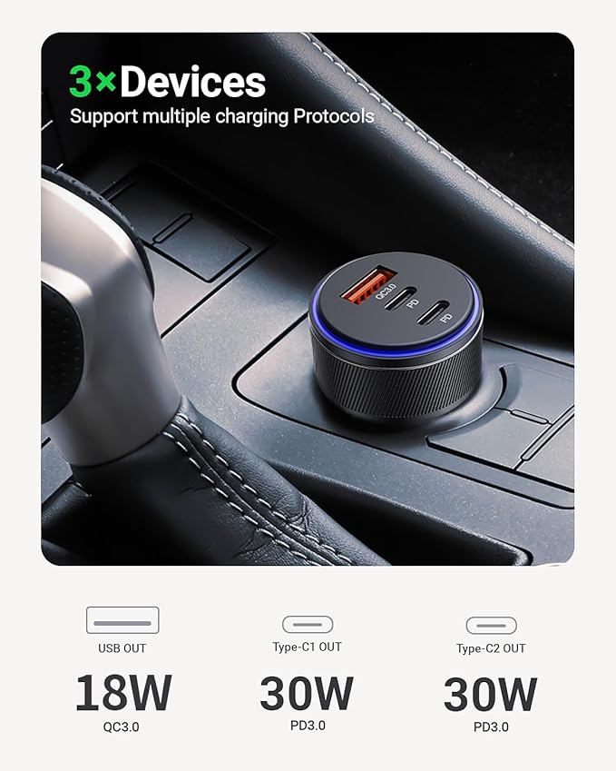 USB-C Car Charger, 3-Port 90W Fast Car Charger, Dual USB-C & USB-A Car Power Adapter, PD3.0 & QC3.0 Fast Charging for iPhone 17/16/15/14/13Pro Max, iPad, MacBook and More