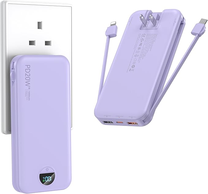 Portable Charger with Wall Plug, 10000mAh USB C Power Bank Fast Charging, External Battery Pack with Built in Cables, Digital Display, 5 Output 4 Input for iPhone Android Cell Phone Tablet