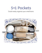 Narwey Small Cute Floral Makeup Bag for Purse Mini Cosmetic Bag Travel Makeup Pouch Zipper Pouch Cute Make up Bags with Compartments for Women Girls (Little Grayish Blue Flower, Small)