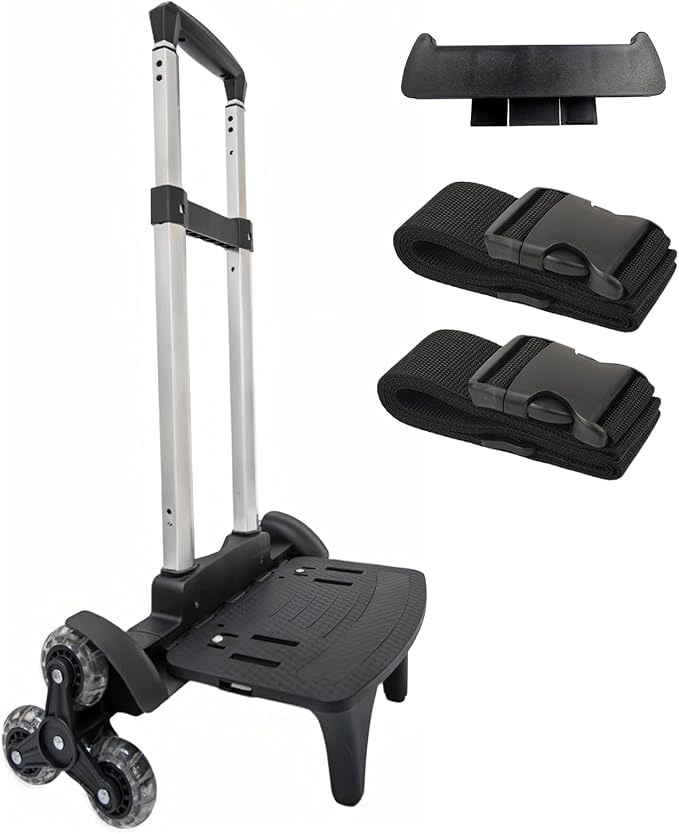 Lightweight Foldable Backpack Trolley – Black 3-Wheel Rolling Hand Truck with Strap, Portable Folding Cart for Backpack, Travel, Commuting, and Daily Utility Use