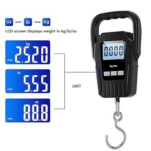 Digital Luggage Scale 110lb/50kg, Portable Hanging Scale with Large Backlit LCD Display, Tare & Hold Function, for Travel and Fishing