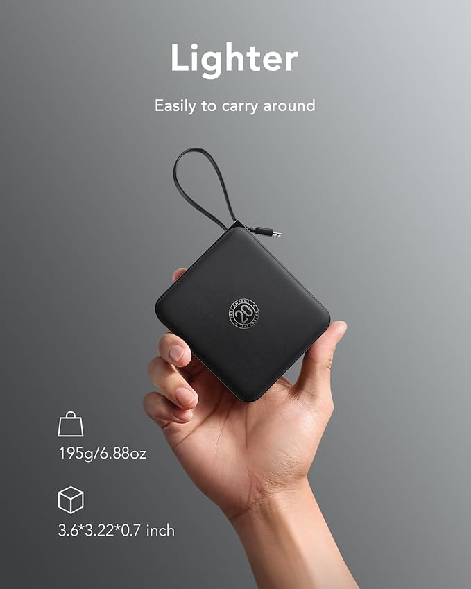 VRURC Portable Charger with Built-in Cable, 10000mAh 22.5W Fast Charging USB C Battery Pack, Cell Phone Power Bank for iPhone 17 16 15 Series Android Tablet (Black)