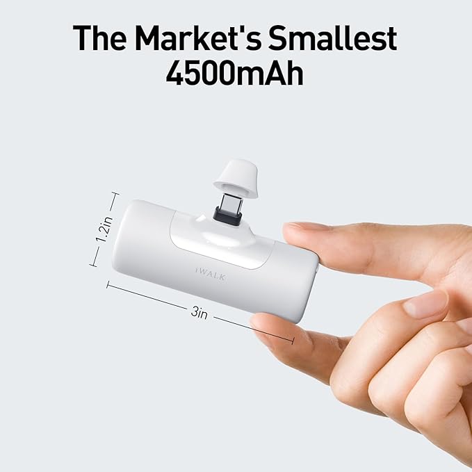 iWALK 4,500mAh Portable Charger for iPhone 15/16/17, Power Bank with Build-in USB C Connector, Battery Pack Phone Charger for iPhone Series, Samsung S22/23/24 Series and Android, White