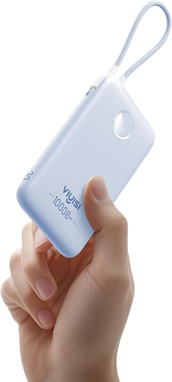 VIYISI Slim Portable Charger Power Bank 10000mAh, PD 20W Fast Charging Compact Battery Pack with Built-in USB C Cable, Travel Essential Compatible with iPhone 17 16 15, Samsung, Android - Blue