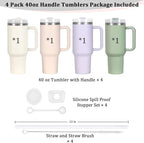 4 Pack 40 Oz Tumbler with Handle Bulk, Double Wall Vacuum Insulated Stainless Steel Tumbler with Lid and Straw, 40 oz cup with Silicone Spill Proof Stopper Set (Cream,Purple,Dark Green,Rose Quartz)