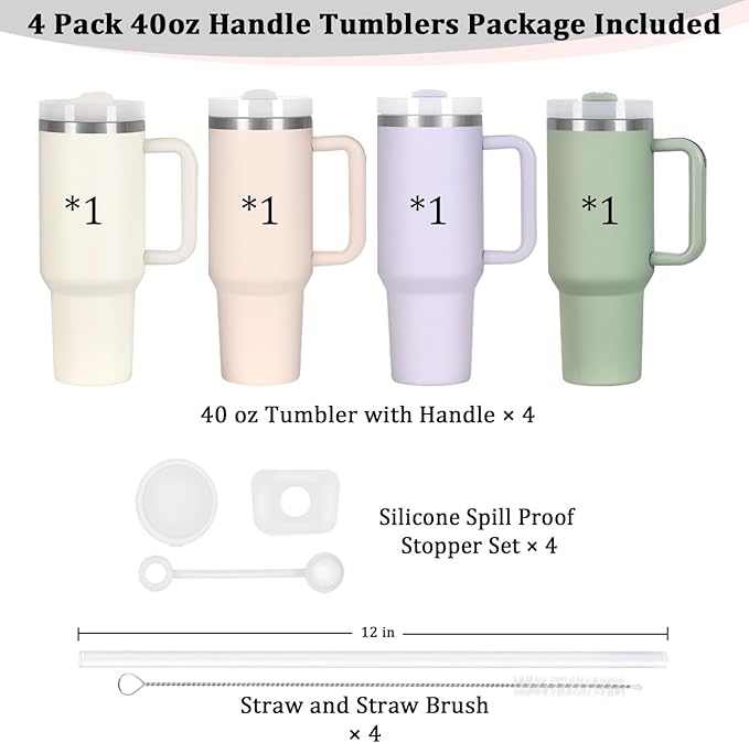 4 Pack 40 Oz Tumbler with Handle Bulk, Double Wall Vacuum Insulated Stainless Steel Tumbler with Lid and Straw, 40 oz cup with Silicone Spill Proof Stopper Set (Cream,Purple,Dark Green,Rose Quartz)