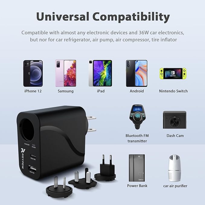 RoyPow AC to DC Converter, 110V/120V to12V Converter, 36W USB C Charger with Car Cigarette Lighter Socket, 3-Ports Wall Charger 18W PD3.0 Travel Plug 110V/120V to 12V/3A Power Adapter for iPhone, iPad