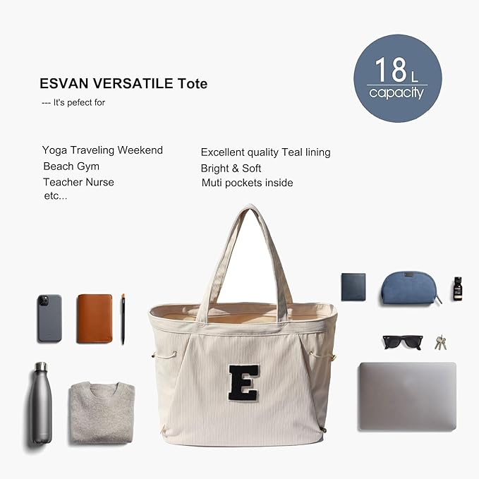 ESVAN Corduroy Yoga Tote Bag Gifts for Women Drawstring Yoga Mat Bag for Office Workout Travel Carryall Pilates Gym
