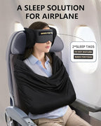 Travel Pillow and Blanket Set, Compact Airplane Pillow Bag with Eye Mask for Long Flights Sleeping, 360° Support Head Strap Travel Essentials for Plane Car Sleep Neck Upright, Stop Head Drop(Grey)