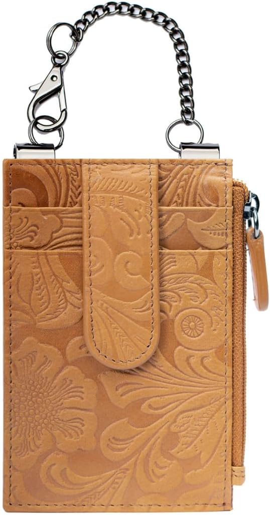 Sidekick RFID Blocking Boot Wallet with Security Chain & Zipper Lock Genuine Leather Wallets for Men and Women, Travel Wallet, Minimalist Leather Card Holder, Antique Saddle