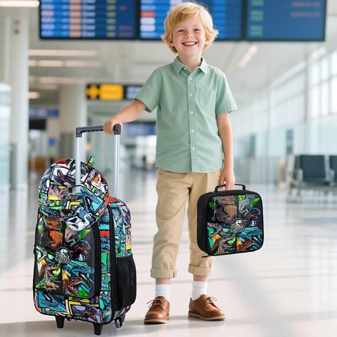 5Pcs Kids Luggage for Boys, Dinosaur Rolling Travel Carry on Suitcase for Toddler Children with Wheels(Black)