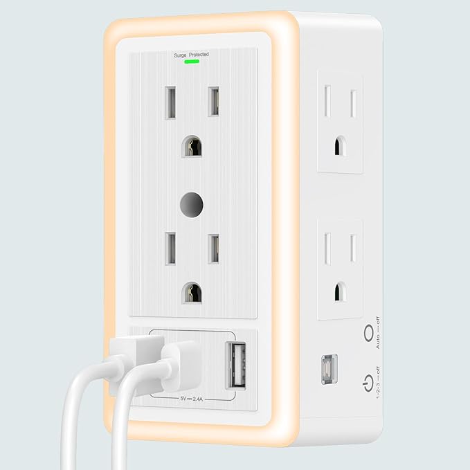 Wall Outlet Extender with USB Charging Ports 9 in 1 Plug Extension Block Multiple AC Outlets Splitter Power Hub Wall Tap 1500J Surge Protection Night Light Dusk to Dawn Sensor Switch ETL Listed