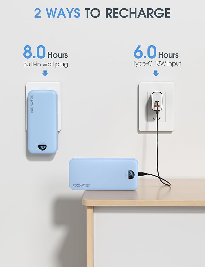citicr Portable Charger Power Bank, 20000mAh PD20W USB C Fast Charging with Built-in Cables & Wall Plug, External Battery Pack with LED Display, Travel Essentials for iPhone, iPad, Samsung Blue