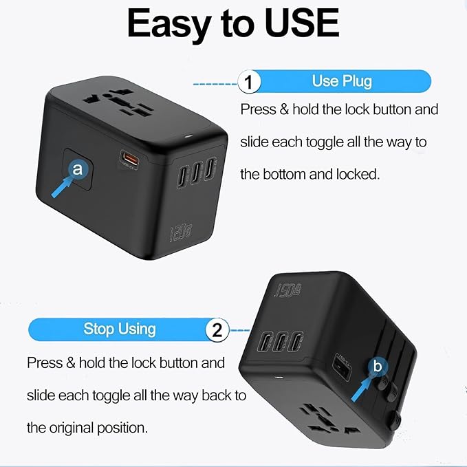 JMFONE Universal Travel Adapter with GaN 100W,International Power Plug Adapter 5 Port [4*USB C+1*USB A] and Multi 2500W AC Sockets, All-in-one Travel Outlet Plugs for 200+ Countries