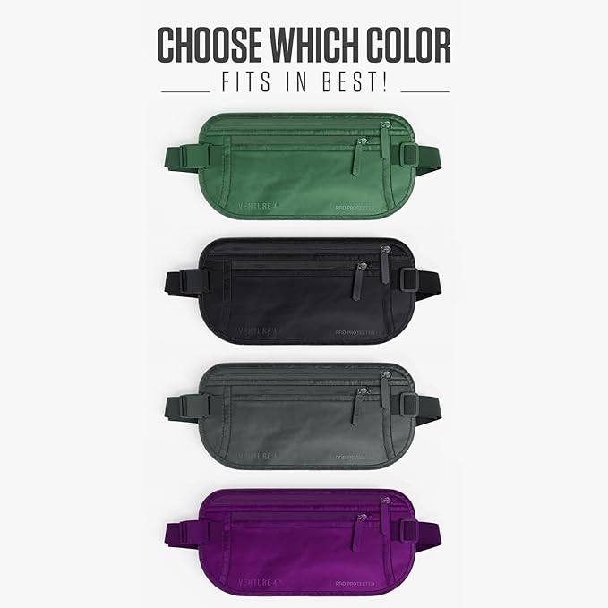 VENTURE 4TH Money Belt for Travel – Slim Hidden Under-Clothes RFID Blocking Anti-Theft Passport Holder & Travel Wallet Pouch for Men & Women to Protect Cash, Cards & Documents (Sleek Army Green)