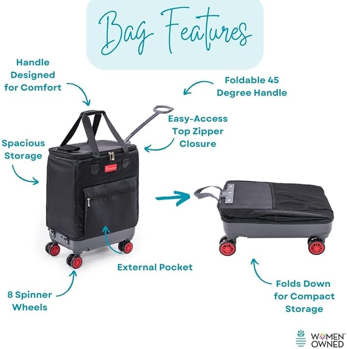 Handy Sandy All-Purpose Roller Bag – Foldable Top-Opening Tote on Wheels with Zipper Closure, 8 Spinner Wheels, Lightweight & Durable – Travel, Groceries, Laundry, Work, Everyday Hauling - Patent- Red