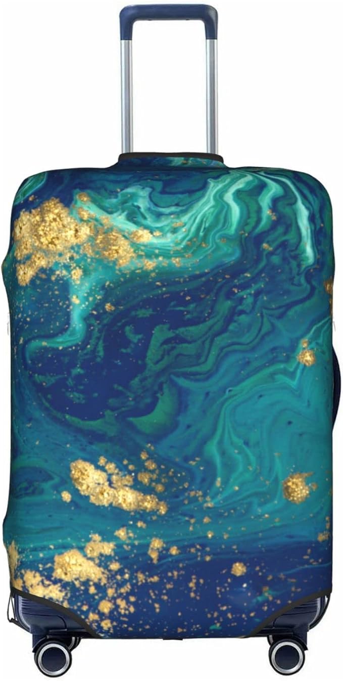 Travel Luggage Cover Protector, Gold Blue Abstract Marble Washable Elastic Baggage Cover Anti-scratch Double-sided with Zipper Closure for Wheeled Suitcase Fits 18-21 Inch Luggage