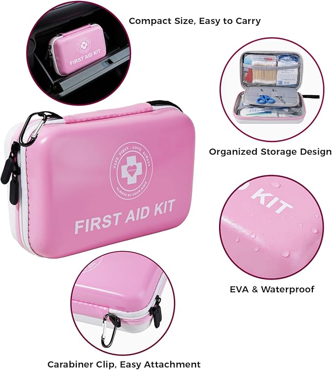 Premium First Aid Kit - 305 Piece Dual-Color Emergency Kit with Hard Shell & Fluorescent Interior Coating, Compact Survival Kit for Home, Car, Travel, Hiking & Outdoor (Pink/White)