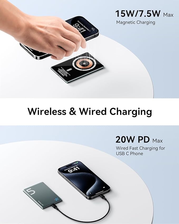 Kuulaa Magnetic Power Bank 5000mAh 0.28'' Ultra Slim Portable Charger Magsafe Battery Pack for iPhone Air/16 Pro Max/15/14/13/12 Mini, Gris