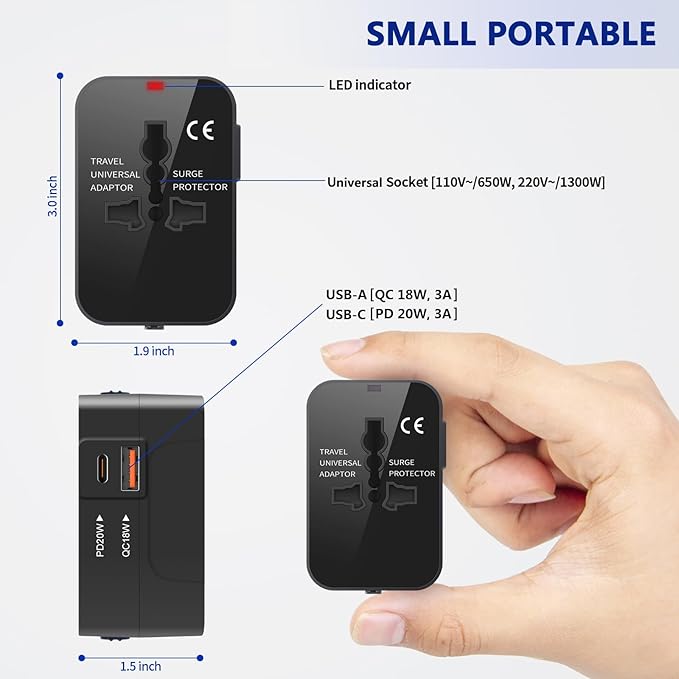 Universal Travel Adapter Worldwide, GaN Fast Charging with PD 3.0 USB-C & USB-A Quick Charge Ports, All-in-One International Power Plug Adapter Converter AC Wall Charger for EU USA UK AUS Bright Black