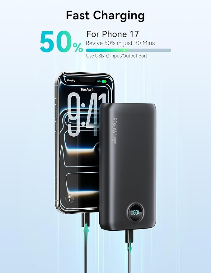 Portable Charger, 30000mAh Power Bank 30W USB C Fast Charging, Travel Essentials Battery Pack with 3W Flashlight & LED Display, External Battery for iPhone 17/16/15, Galaxy S25, LG, Tablets, Black