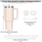 4 Pack 40 Oz Tumbler with Handle Bulk, Double Wall Vacuum Insulated Stainless Steel Tumbler with Lid and Straw, 40 oz cup with Silicone Spill Proof Stopper Set (Rose Quartz)