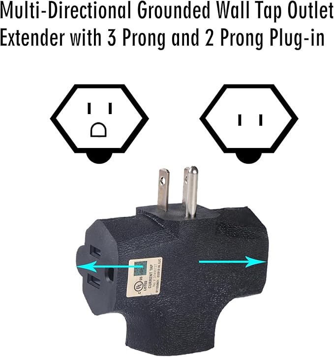 3 Way Plug Adapter - UL Listed - Outdoor Outlet Splitter 3 Prong - Electrical Outlet Extender, Wall Outlet Expander, Outdoor Heavy Duty Triple Plug Outlet Adapter 3PCS (Green, Orange, Black)