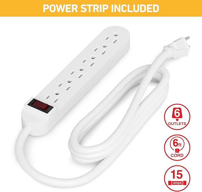 D-Line Cable Management Box with 6 AC Outlet 6ft Power Strip, Hide Extension Cords and Excess Wire Clutter, 12.75in (L) x 5in (H) x 4.5in (W) - Small, White with Wood-Lid