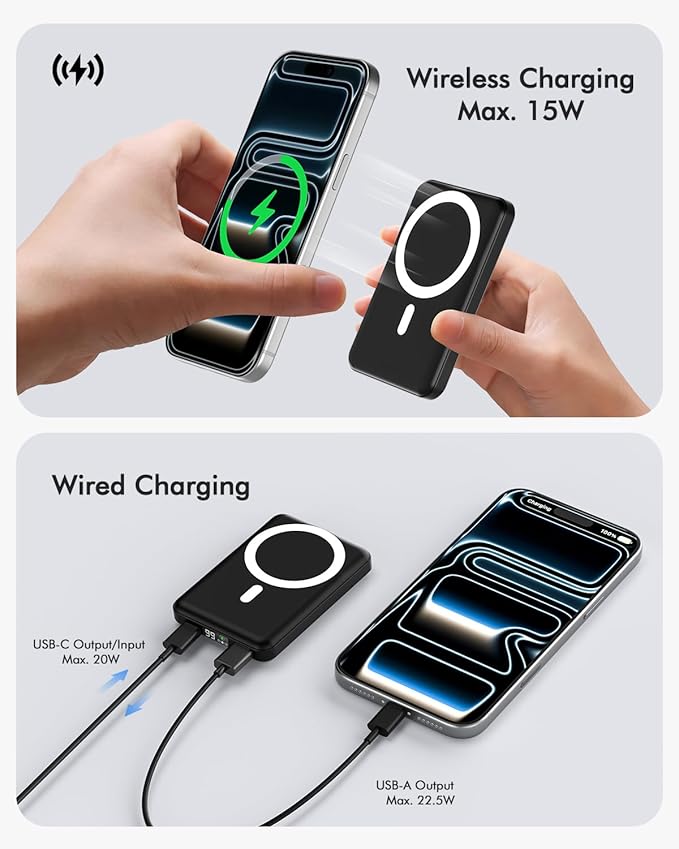 podoru for Magsafe Power Bank, 10000mAh Magnetic Portable Charger with 22.5W PD Fast Charging USB-C Cable LED Display Wireless Battery Pack for iPhone 17/16/15/14/13/12 Series-Black